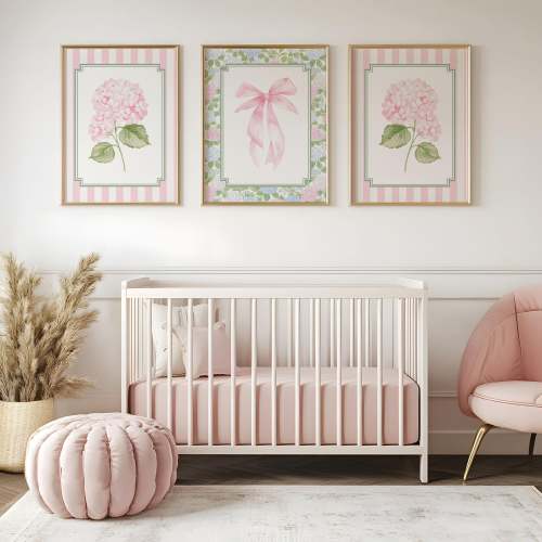 Hydrangea Wall Art Prints, Pink Blue & Green Hydrangea Prints, Floral Bow Nursery Decor, Preppy Coquette Wall Art, Grandmillennial Dorm Room