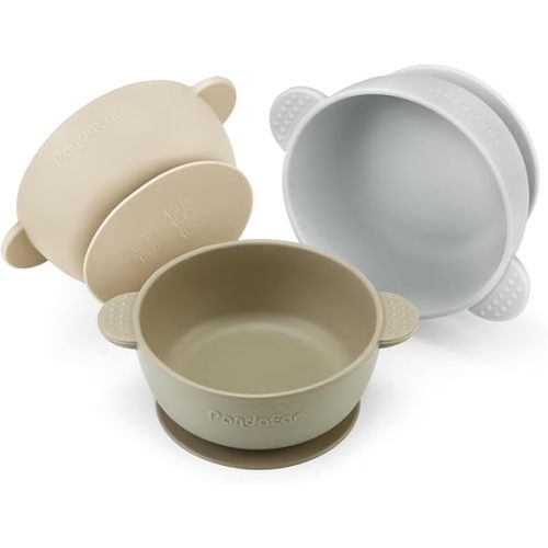PandaEar 3 Pack Baby Bowls with Suction| Stay Put Silicone Food Bowl for Babies Kids Toddlers Infants| Food Grade Soft Safe BPA-Free Silicone (Brown Grey Tan)