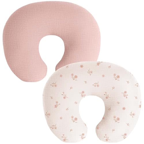 Coreeky Muslin Nursing Pillow Covers, 2 Pack, Soft & Adorable Slipcovers with Zipper Closure, 100% Cotton Covers for Breastfeeding Pillows (Pink, Flower)