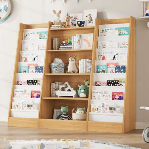 Homfa Kids Bookshelf and Toy Storage with Canvas Sling Sleeves, Modern Wood Display Bookshelf for Playroom Living Room Bedroom, Nature Wood