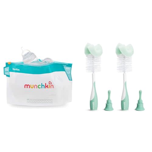 Munchkin® Sterilize™ Microwave Bottle Steam Sterilizer Bags, 30 Uses per Bag, 6 Pack & Sponge™ Bottle Brush, 2 Pack, Green