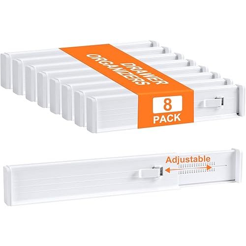DIMJ Drawer Dividers Dresser Organizer Plastic - 8 Pack 12.83"-22.05" Adjustable Dawer Organizer Closet Vanity Expandable Separator for Clothes, Kitchen Utensils, Bedroom, Bathroom, White