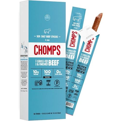 Chomps Grass-Fed and Finished Sea Salt Beef Jerky Snack Sticks 10-Pack - Keto, Paleo, Whole30, 10g Lean Meat Protein, Gluten-Free, Zero Sugar Food, Non-GMO