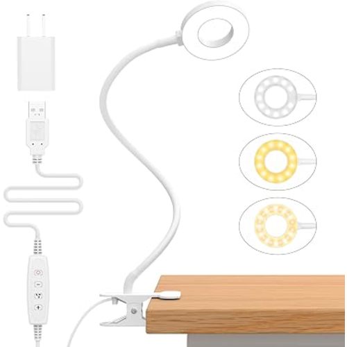 iZELL Reading Light, USB Clamp Lamp for Child Reading Book in Bed at Night, LED Small Desk Lamp with Silicone Adjustable Arm Clip on Beside Table for Studying Working Drafting Sewing - 15.8‘’ White