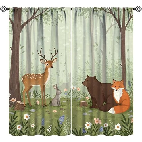 Forest Animal Curtains, Cartoon Summer Woodland Deer Bear Fox Rabbits Daisy Flower Plants Window Curtain Drapes for Kids Baby Bedroom Livingroom Nursery, 42x45in (No Blackout)
