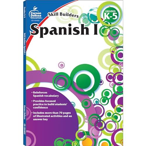 Carson Dellosa Skill Builders K-5 Spanish Workbook, Alphabet, Vocabulary, Sight Words, Numbers, and More, Kindergarten to 5th Grade Classroom or Homeschool Curriculum