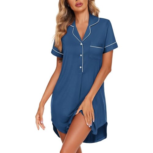 Ekouaer Women's Nightgown Button Down Nightshirt V Neck Sleepshirt Short Sleeve Sleepwear Soft Pajama Dress