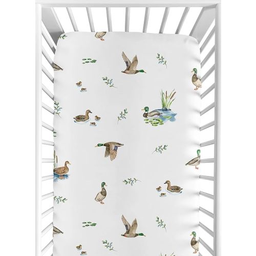 Sweet Jojo Designs Fitted Baby Crib Sheets (Mallard Duck Cottagecore) for Girls/Boys, Infant Nursery, Toddler Room - Standard Size (Watercolor Ducks, Nature, Wildlife, Pond, Lake, Ducklings Lily Pads)