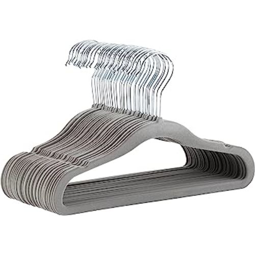 Amazon Basics Kids Velvet, Non-Slip Clothes Hangers for Infant and Toddler, 11.6 Inches (for baby clothes), Pack of 30, Gray