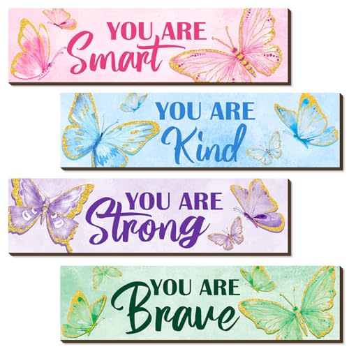 Geetery 4 Pcs Butterfly Inspirational Quote Wooden Sign Bedroom Wall Decor for Men Women Rainbow Room Art Decor Aesthetic Wooden Hanging Wall Sign for Daughter Son Nursery 11.81 x 3.15 Inch