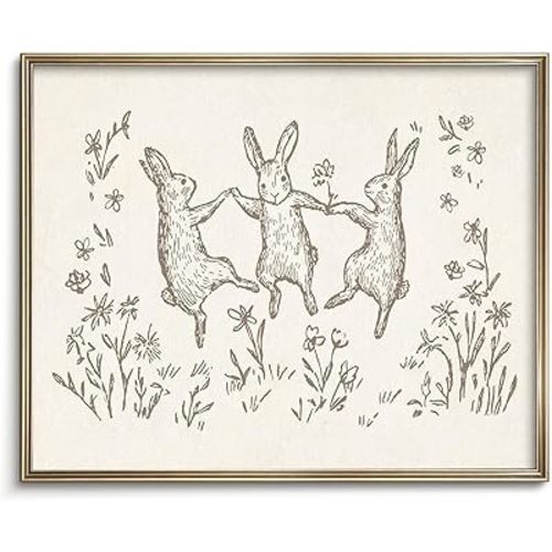 Vodefoad Bunnies Sketch Vintage Wall Art Retro Nursery Dancing Bunnies Art Print Neutral Cottagecore Nursery Decor Farmhouse Rustic Rabbit Wall Decor for Gallery Nursery Bedroom Bathroom Office - 8x10Inch Unframe