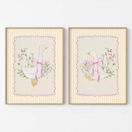 Vintage Silly Goose Girl Nursery Prints, Butter Yellow Décor, Pink Wall Gallery, Bow Art Print, Girls Nursery Art, Baby Animal Art, Coquette