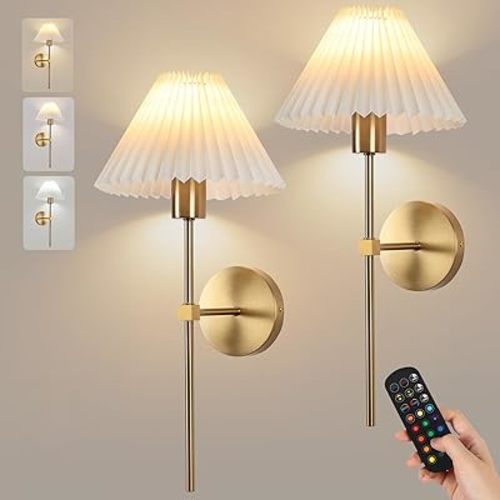 Wireless Wall Sconce Sets of 2, Pleated Shades Rechargeable Battery Operated Wall Sconce, Retro Industrial Gold Wall Lights Bathroom Vanity Sconces, Wall Mounted Lamps for Bedroom Living Room Kitchen