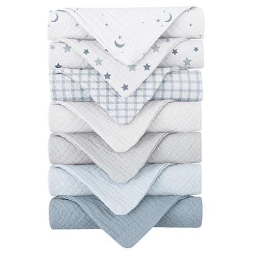 Konssy Baby Muslin Washcloths 7-Pack, 100% Cotton Baby Bath Washcloths, Soft & Absorbent Wash Cloths and Burp Cloths for Newborn Kids Girls & Boys, 11x11 inches