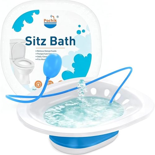 Pochik Sitz Bath for Toilet Seat Hemorrhoids and Postpartum Care, Yoni Steam Seat, Perineal Soaking, Collapsible, Flusher Hose, Drain Holes, Wider Seating Area - Blue