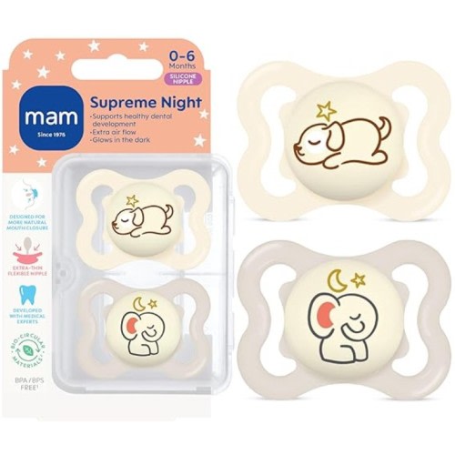 MAM Supreme Baby Pacifier, Newborns 0-6 Months, Developed with Orthodontists, Extra Air Flow for Sensitive Skin, Glows in The Dark, BPA-Free Silicone, Sterilizer Case, Pack of 2, Made in Europe