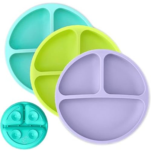 Hippypotamus Toddler Plates with Suction - Baby Plates - 100% Food-Grade Silicone Divided Plates - BPA Free - Dishwasher Safe - Set of 3 (Lavender/Lime/Teal)
