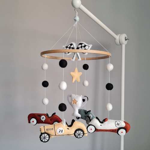 Felt Racing Car Baby Mobile, Retro Nursery Decor, Handmade