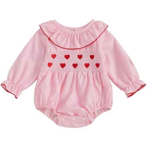 My First Valentines Baby Girl Outfit Newborn Heart Smocked Bubble Romper Bodysuit Cute Valentines Spring Clothes