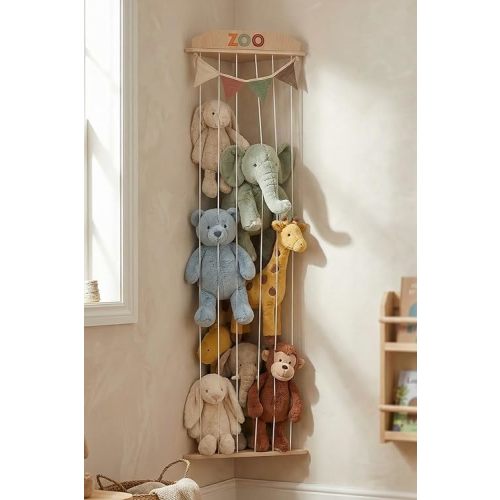 Stuffed Animal Storage Zoo with Decorative Muslin Garland - Cute Wooden Toy Storage Organizer for Kids Playroom or Nursery - Clever and Easy to Assemble Corner Wall Holder Maximizes Small Spaces