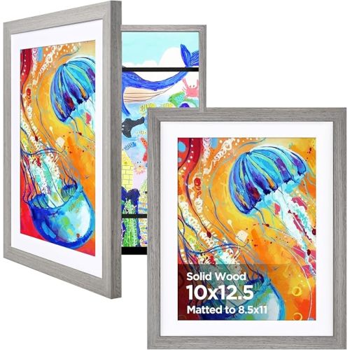 KINLINK 10x12.5 Kids Art Frame Set of 2, Solid Wood Kids Artwork Frames Changeable with Front Opening Hold 150 Pictures, Art Frames for Kids Art with Mat，without Mat 10x12.5 Picture Frame Grey