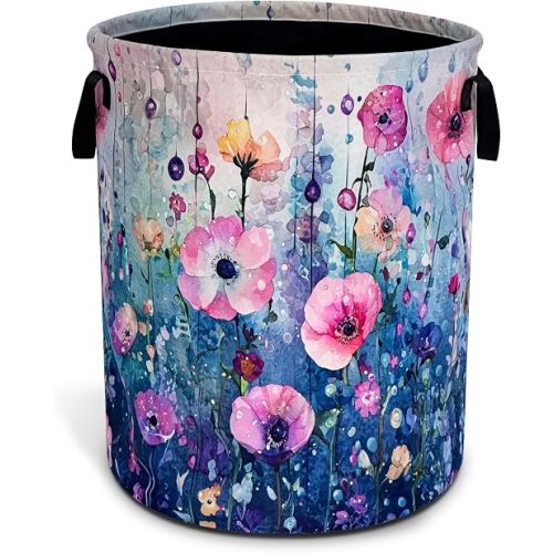 Colorful Flowers Laundry Basket Oxford Cloth Floral Hamper 18.9 x 16.5 Inch