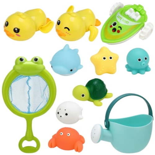 sixwipe Bath Toys for Babies 6-12 Months+, Swimming Ducks Amphibious Dinghy Bath Toys for Toddlers 1-3, No Hole Animal Floating Pool Toys, Fishing Net Watering Can Baby Bathtub Water Toys