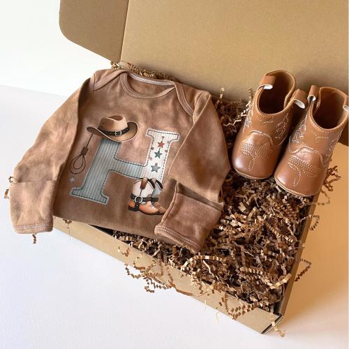 Western Baby Outfit Gift Box Baby Shower Cowboy Cowgirl Rodeo Theme Handmade Hand Dyed Bodysuit Western Boots Gift Ready Design Custom Set
