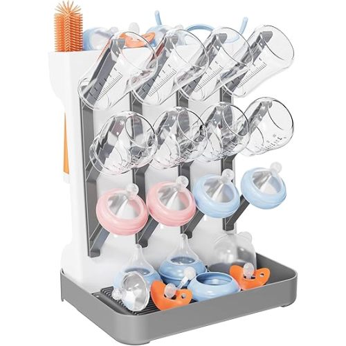 Baby Bottle Drying Rack, Vertical Bottle Dryer Holder Space Saving Standing Bottle Drying Rack for Countertop Kitchen Organize Bottles & Baby Accessories Brushes Pacifiers and Pump Part (Grey)