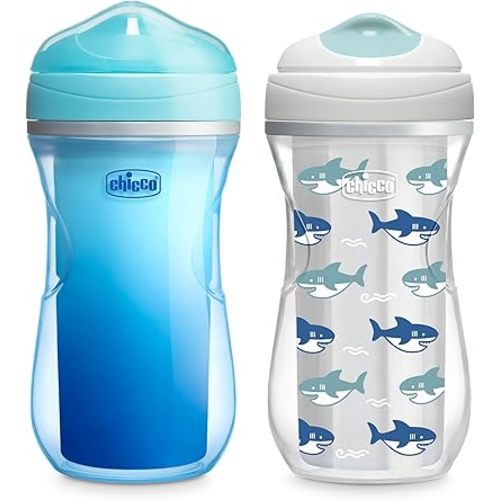 Chicco Double-Wall Insulated Sippy Cup with Bite-Proof Rim Spout and Spill-Free Lid 9oz. | Top-Rack Dishwasher Safe | Easy to Hold Ergonomic Indents | Blue/Sharks, 2pk | 12+ months