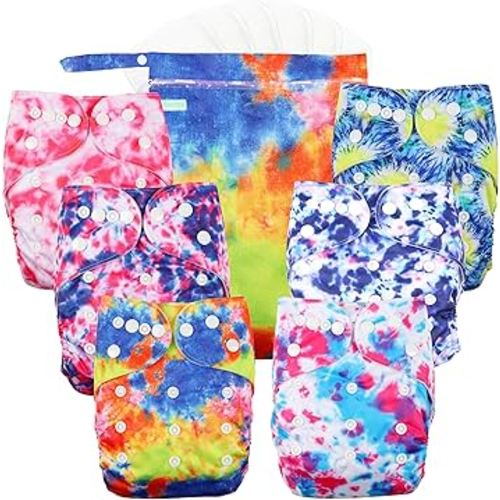wegreeco Cloth Diapers 6 Pack with 6 Inserts & 1 Wet Bag, Washable Cloth Diapers for Babies, One Size Adjustable Reusable (Tie-dye)