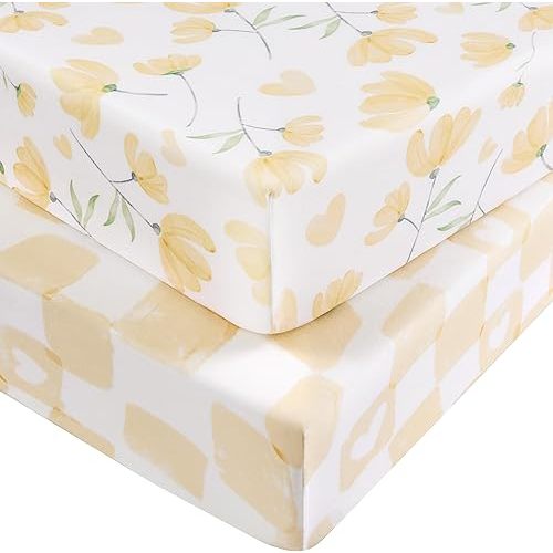 Baby Crib Sheets for Boys and Girls, Fitted Crib Sheets 52" x 28", Soft Breathable Microfiber Sheets for Standard Crib and Toddler Mattress, 2-Pack Yellow Flowers
