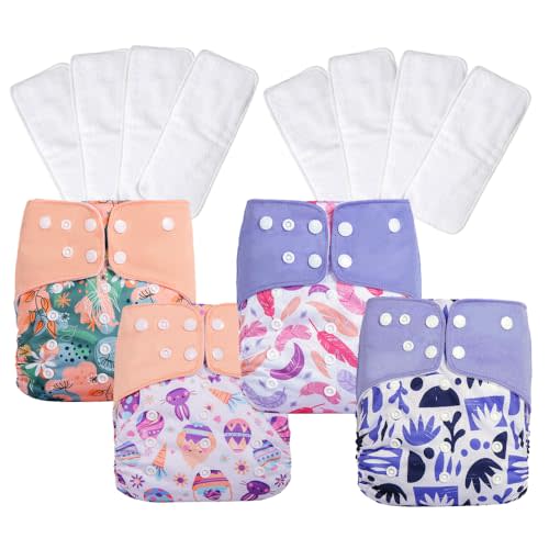 AIO Baby Cloth Diaper 4Pack with 8 Inserts Adjustable Waist Circumference Reusable for Baby Boys and Girls(0-3 Years),One Size Cloth Diaper Covers Cartoon Pattern Three