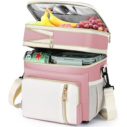 Lunch Box & Lunch Bag for Women, Large Insulated Adult Lunch Box Leakproof Lunchbox Cooler Bag for Work Picnic Beach,16L, Light Pink & White