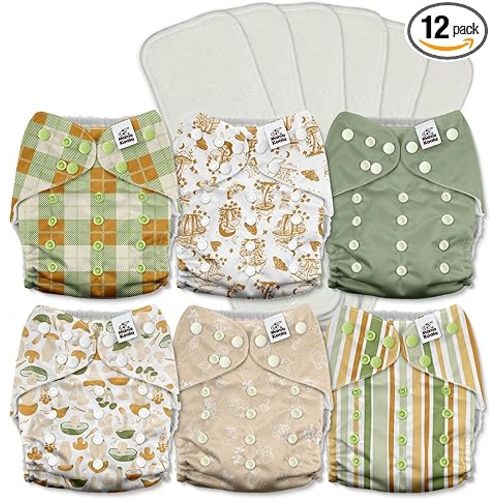 Mama Koala 3.0 Pocket Cloth Diapers for Babies with AWJ Lining, 6 Pack with 6 5-Layer Natural Cloth Diaper Inserts - Reusable and Washable Pocket Diapers(A-Mushrooms)