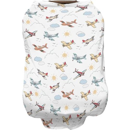Cute Planes Baby Car Seat Covers for Boys Girls Watercolor Airplanes Clouds Sun All-in-1 Soft Nursing Cover for Breastfeeding Colorful Sky Transportation Breathable Stretchy Infant Carseat Canopy