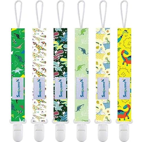 Smlpuame Baby Pacifier Clip for Boys Girl,6 Pack Stylish Binky Clips Strap,Paci Holder with Clips Universal Lightweight Fits Most Pacifiers Teeher Toy Teething Ring Soothie,Baby Gifts(Dinosaur)