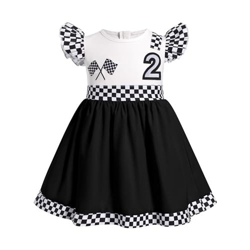 ODASDO Baby Girl Toddler Kids Racing Car 1st 2nd Birthday Outfit Checkered Flutter Sleeve A-line Ruffle Dress