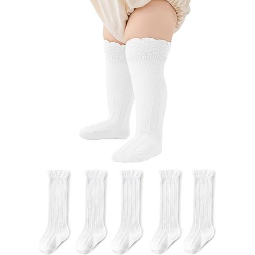 Zando Toddler Girls Knee High Socks 5-Pack, Soft Cotton Long Tube Ruffle Socks for Preemie Infant Newborn Toddler 0-3T