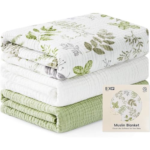 EXQ Home Muslin Swaddle Blankets for Baby, 3 Pack Cotton Breathable Soft Receiving Blankets for Newborn Boys and Girls, Baby Essentials & Gift, 38x40 inches(Spring Leaves)