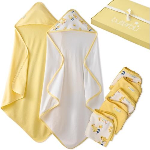 Splash Squad - 7 Piece Bath Time Set 100% Organic Cotton Hooded Towels and Washcloths for Baby Girls, Boys, Unisex​, Puddle Jumpers, One Size