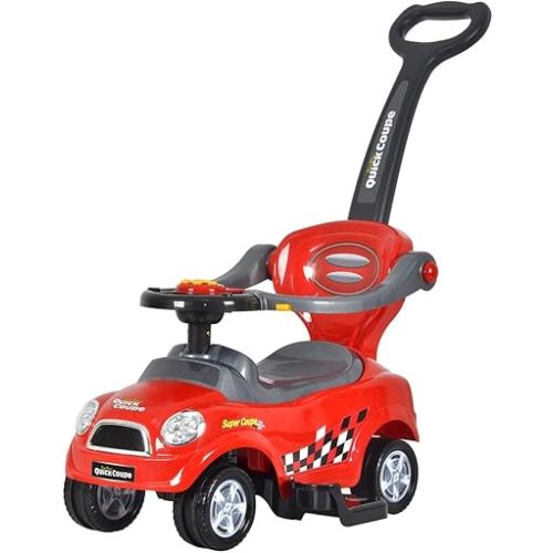 ChromeWheels 3 in 1 Ride on Push Car for Toddlers with Removable Handle/Guardrails/Pedal, Horn, Music, Under Seat Storage (Red)