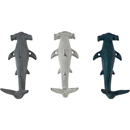 Charming Hammerhead Shark Wall Hooks Set – Decorative Cast Iron Hooks in Blue, Gray, and White, Nautical Decor for Beachy Spaces, 5 Inches High