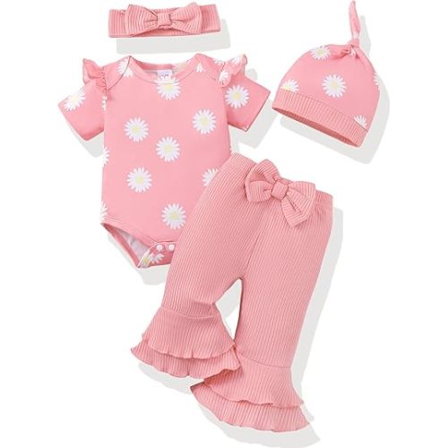 Renotemy Newborn Baby Girl Clothes Infant Romper Spring Summer Outfits Gifts Bell Bottoms Pant Sets for Girls Preemie-12Month