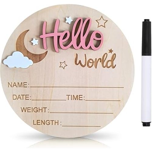 Baby Announcement Sign, 5.9 Inch Wooden Hello World Newborn Signs, Birth Announcement Sign and Pen, Moon and White Cloud Decoration, Welcome Newborn Arrival to World (Light Pink)