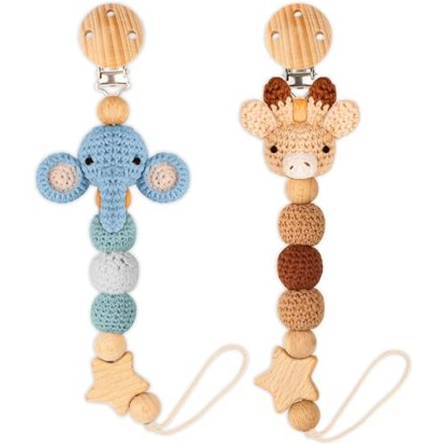 Pacifier Clip, 2 Pack Pacifier Clips for Newborn Boys and Girls, Cute Handmade Knitted Pacifier Holder Fits for Most Pacifier, Baby Shower and Baby Gift