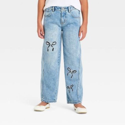 Girls' Sequin Bow Barrel Jeans - Cat & Jack™ Light Wash