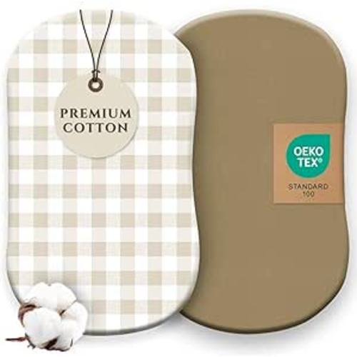 Pobibaby – 2 Pack Bassinet Sheets Boy, Bassinet Sheets Cotton for Girls and Neutral Nursery for Standard Rectangle Bassinets – Ultra-Soft Jersey Knit, Safe and Snug for Baby (Gingham Khaki)