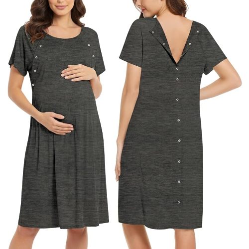 Ekouaer Women’s Nursing/Delivery/Labor/Hospital Nightdress Short Sleeve Maternity Nightgown with Button Dark Grey L