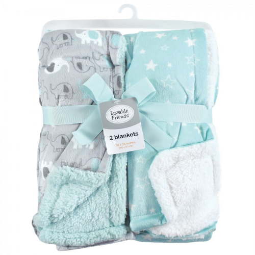 Luvable Friends Infant Boy Plush Blanket with Faux Shearling Back, Boy Basic Elephant, One Size
